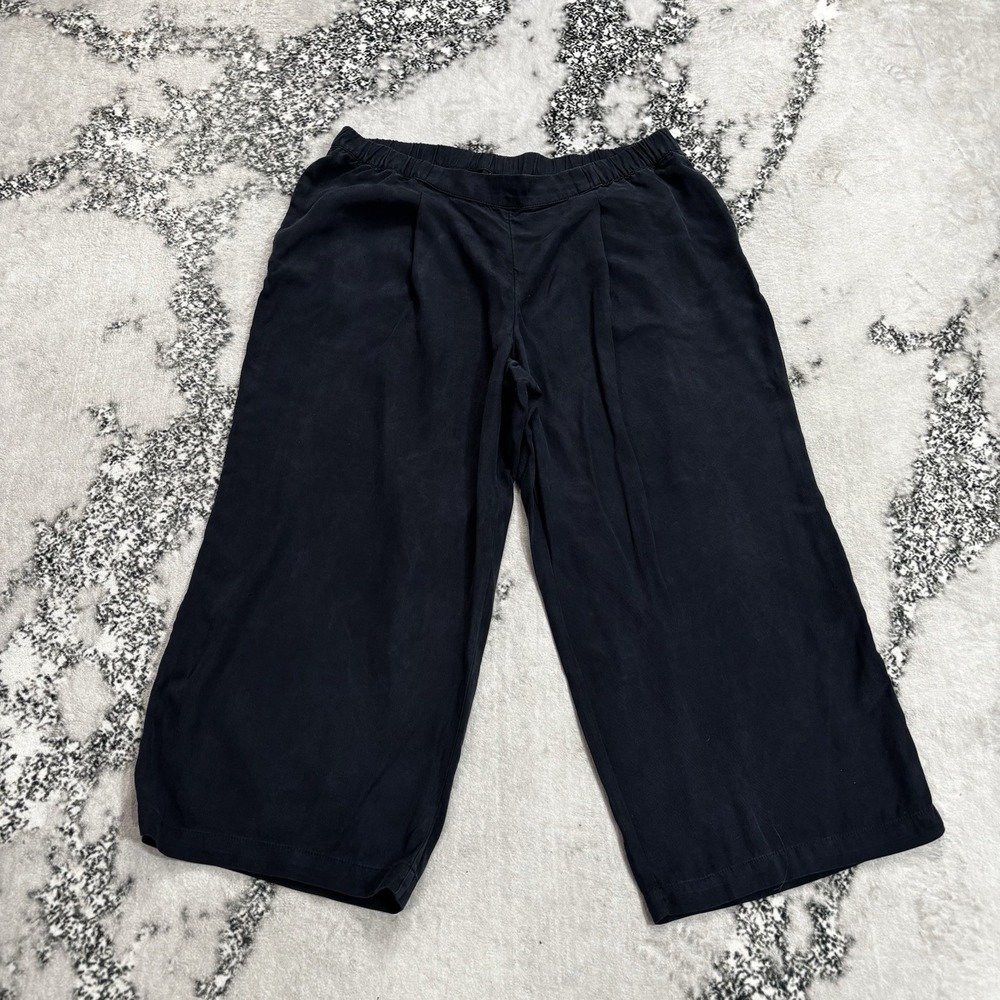 J.Jill Women's Sz Large Petite Navy Blue Tencel Lyocell Wide Leg Pull On Pants